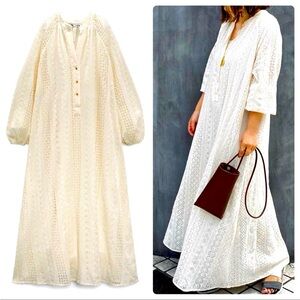 ZARA OPENWORK EMBROIDERED DRESS CREAM XS